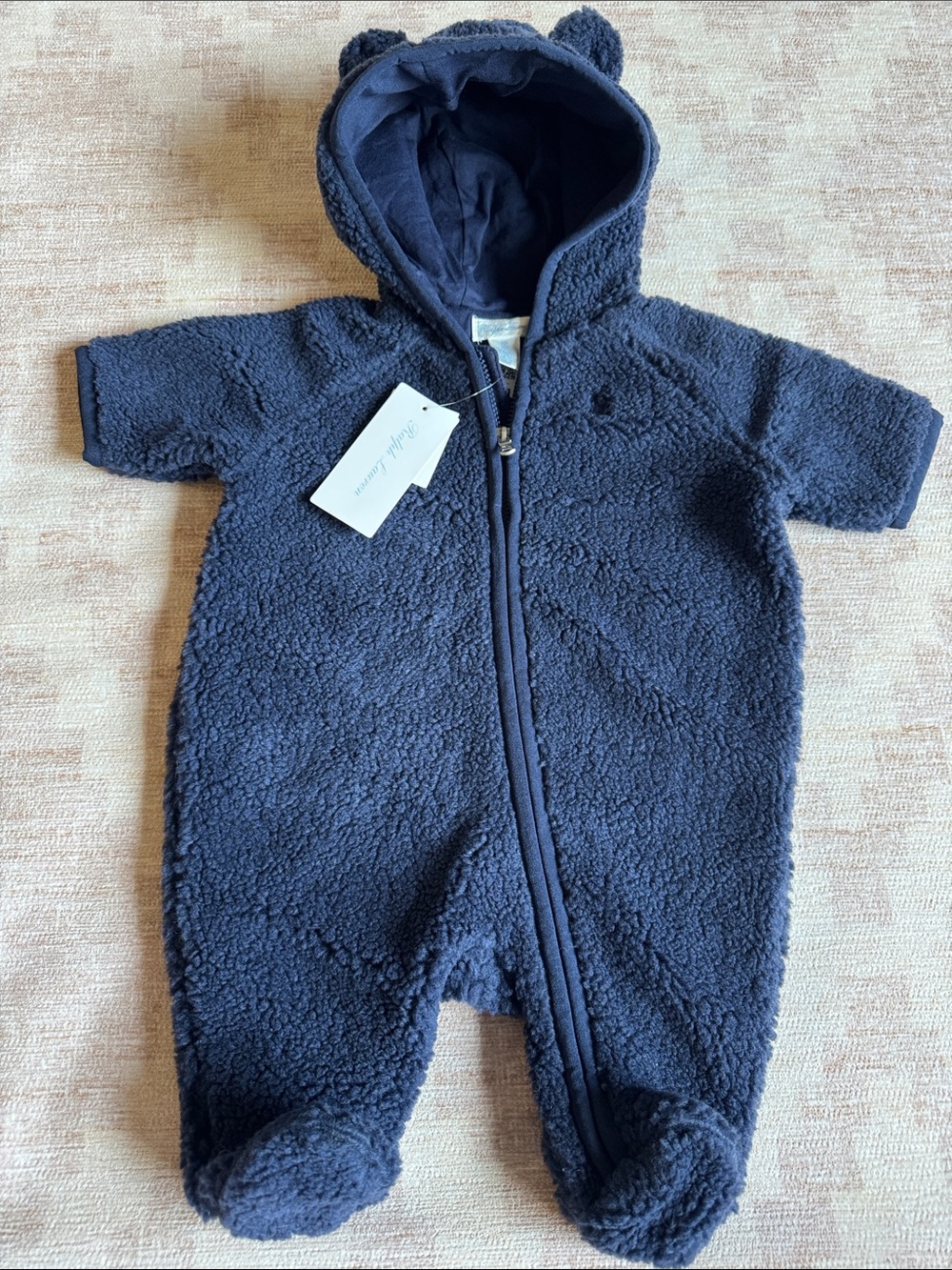 Ralph Lauren Navy Teddy Fleece Hooded Footed One-Piece Bunting size NB NWT